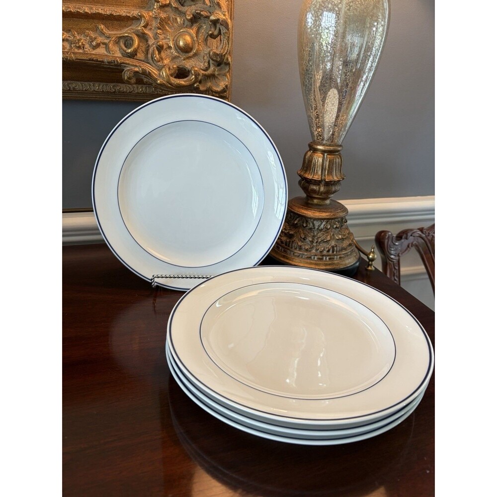 R6L1 by Royal Limoges Dinner Plates France Blue & White Trim with Verge Set of 4